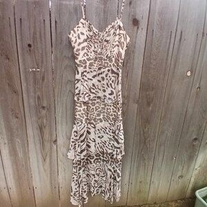 HEMANT & NANDITA ANIMAL PRINT MAXI DRESS SZ M ZIP SLEEVELESS RUFFLE TIARED SKIRT